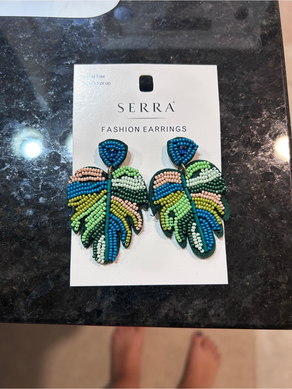 SERRA Blue, Green, Pink and Cream Beaded Leaf Drop Earrings